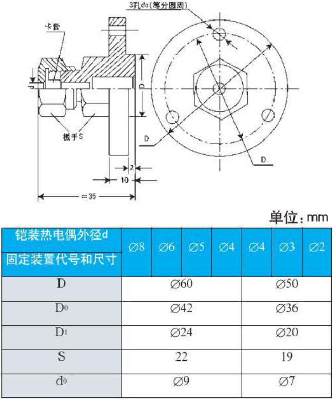 爐壁式熱電偶法蘭安裝尺寸圖