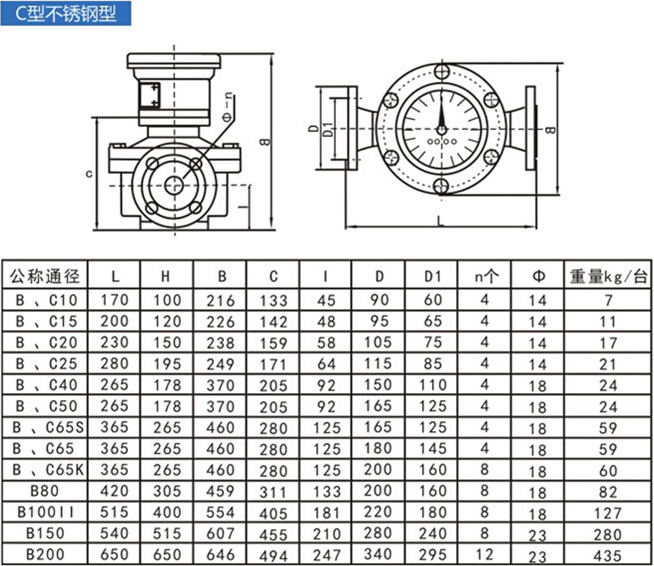 廢油流量計(jì)外形尺寸對照表